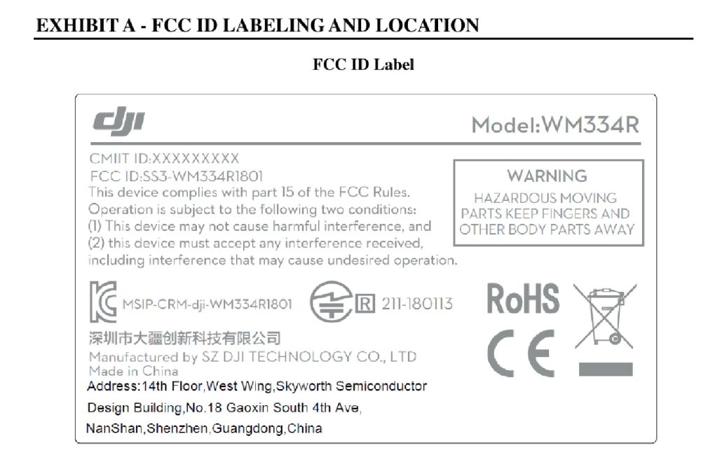 FCC ID label for the Phantom 4 RTK