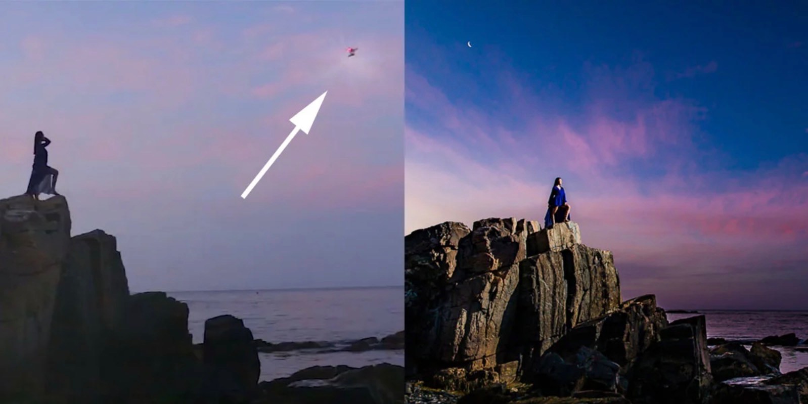 Photographer mounts a flash to a drone for a sunrise portrait