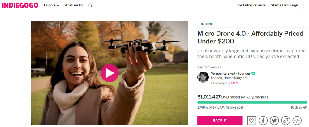 micro drone 4.0 passes one million dollars