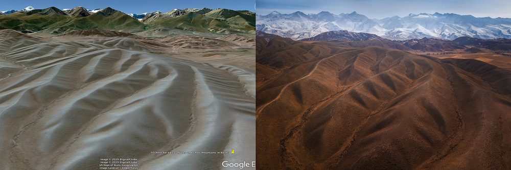Simple of example of a scouted 3d location on Google Earth (left) and the drone result (right). 