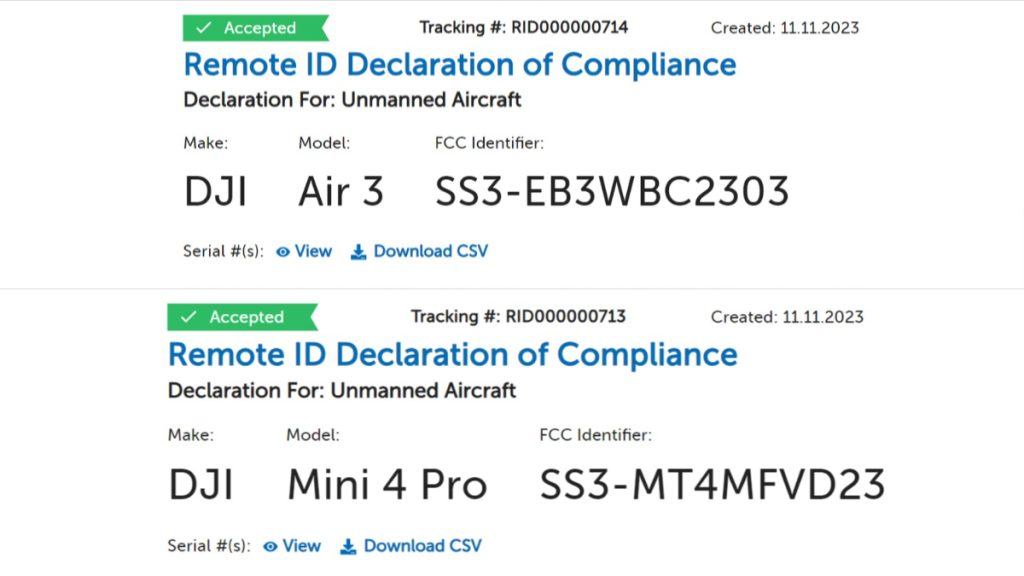 dji air 3 mini 4 pro drone remote id faa declaration of compliance